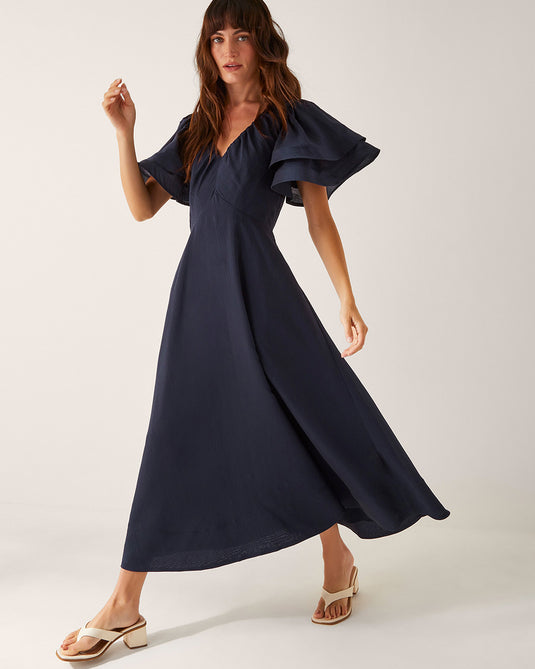 Patricia Ruffle Sleeve Midi Dress Blue