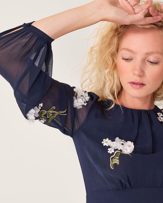 Delilah Floral Appliqué Midi Dress Blue