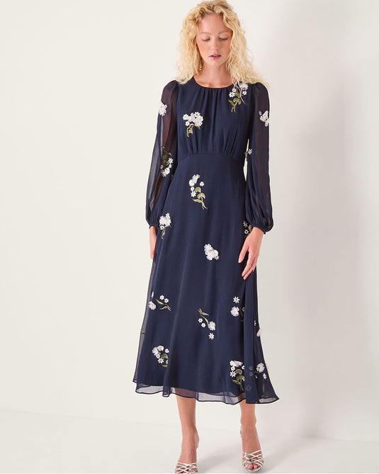 Delilah Floral Appliqué Midi Dress Blue