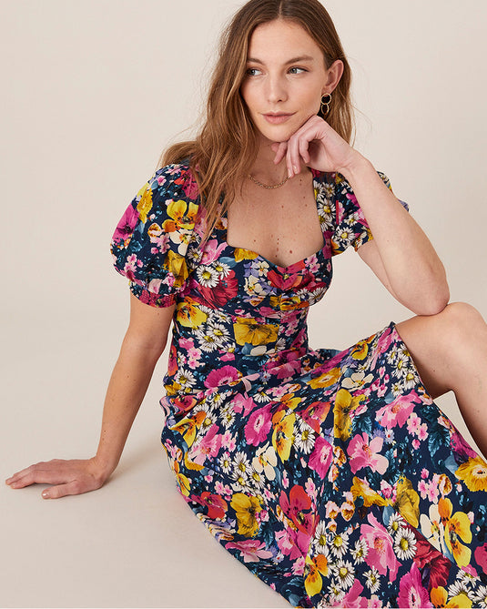 Gloria Mixed Floral Midi Dress Blue