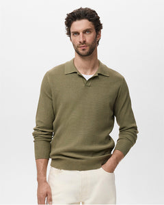 Cotton-Blend Ribbed Polo Sweater