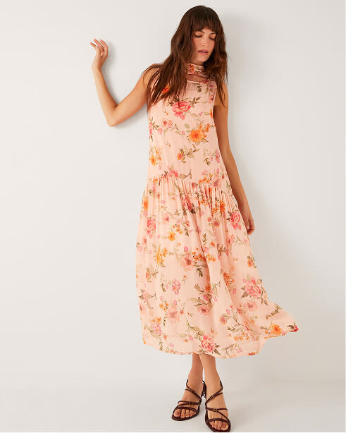 Cassia Floral Print Midi Dress Nude